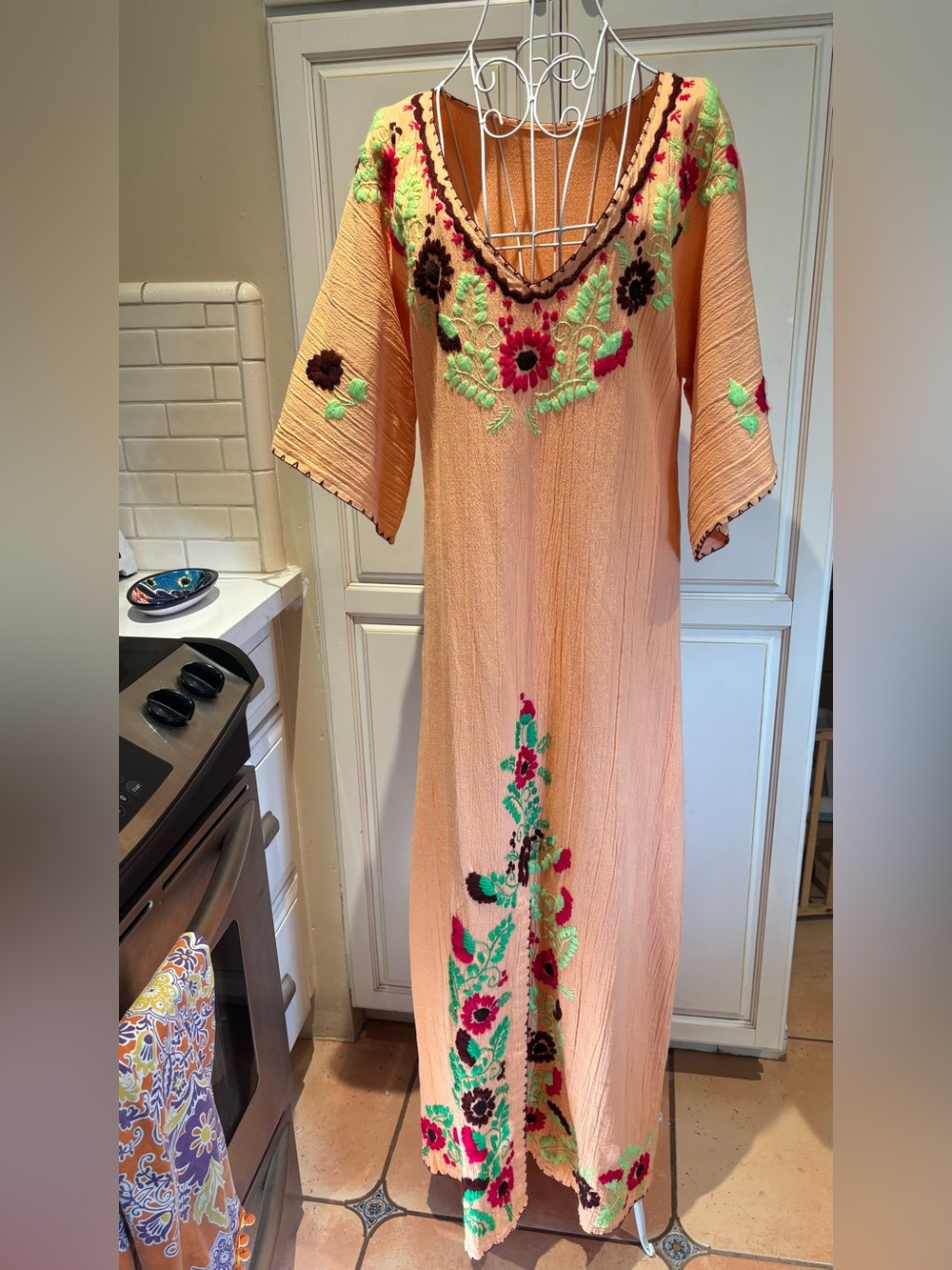 orange-peach Mexican embroidered maxi dress deep vneck and front slit